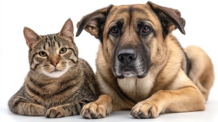 Obraz premium A dog and a cat lie side by side on a light background in a studio. The animals appear calm and relaxed enjoying each other's company in this pet friendship moment.