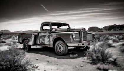 Vintage Truck Abandoned in Desert Landscape - A Monochrome Study.