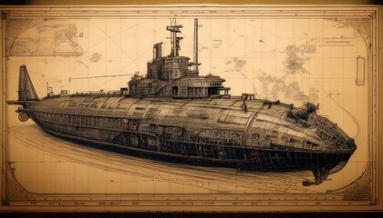 Vintage Submarine Blueprint - Detailed Design of a Naval Vessel.