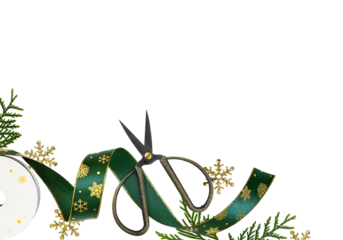 Paper spool of green Christmas ribbon with golden snowflakes, scissors and green evergreen twigs for holiday gift wrapping isolated on white or transparent background