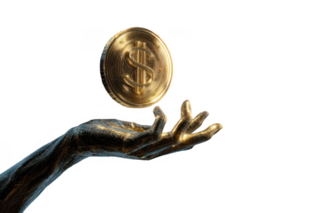 A hand holding a gold coin with the number 1 on it