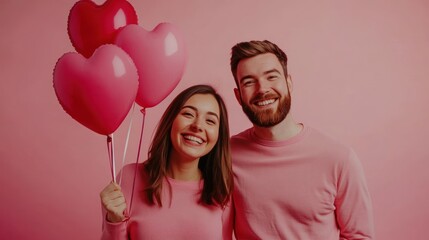 Happy couple pink studio Valentine's balloons