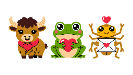 Animal Trio with Love: A charming array of animals, including a bull, a frog, and a beetle, each radiating affection with heart symbols, creating a delightful scene of love and friendship.