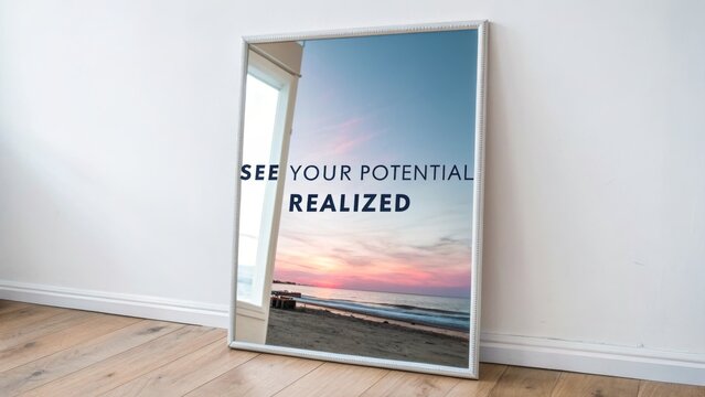 Framed Mirror Reflecting a Motivational Sunset Scene
