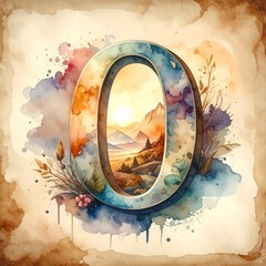 Artistic depiction Letter "O" showcasing landscape within, painted in watercolor style on textured paper backdrop