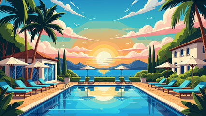 Stunning vector illustration of a luxurious tropical resort with a swimming pool overlooking the ocean at sunset, perfect for travel and lifestyle themes © PDWN Creative