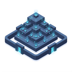 Isometric blockchain platform with stacked digital data blocks.