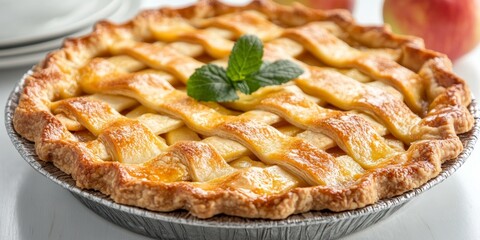 A delicious apple pie with a crispy golden crust sits on a table. The filling is visible through the top layer of crumbs, adding to its appetizing appeal.