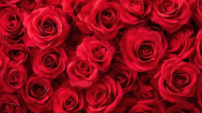 Bright red roses cover the area showing off their vibrant colors. Sunlight shines on the flowers as they bloom in a garden creating a lively scene in spring. - Powered by Adobe