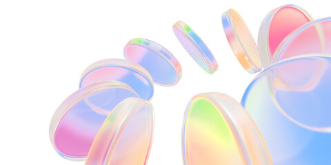 Obraz premium Abstract 3d background with rainbow glass transparent circle discs. Pastel blue, pink, green, yellow gradient disks, crystal plates with watercolor texture and circular motion effect