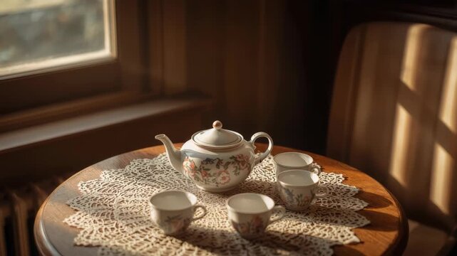Vintage floral porcelain teapot cup set with four matching cups on lace doily at sunlit wooden table
