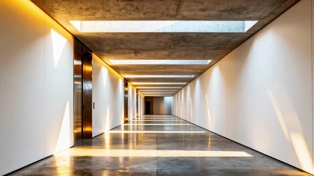 Long empty minimalist corridor with concrete ceiling, glossy floor reflections and warm sunlight stripes from skylights in corporate office interior, concept of modern architecture, future workspace
