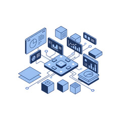 Isometric illustration of digital business dashboard, cloud applications, and data management system.