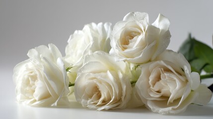 Six white roses are arranged neatly on a flat surface. The flowers display their soft petals. Some droplets of water are visible on the petals. This scene takes place in a well lit area.
