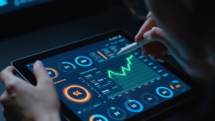 Person analyzing financial data on a tablet with charts and graphs representing stock market trends and business analytics for digital finance concepts - Powered by Adobe