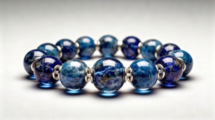 Macro Blue and Gold Beaded Bracelet with Silver Rings on White Surface - Radiant Luxury, Success, and Sophisticated Elegance