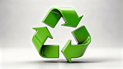 Obraz premium Stunning 3D Metallic Green Recycling Symbol with Twisting Arrows, Eco-Friendly Design on Clean White Gradient Background - High-Resolution Upscaled Image