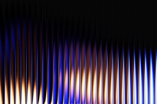 Neon ribbed fractal glass 3d background with vertical striped texture and blue yellow radiant gradient. Abstract black bg with bright line pattern and wave fluorescent light effect. 3D illustration