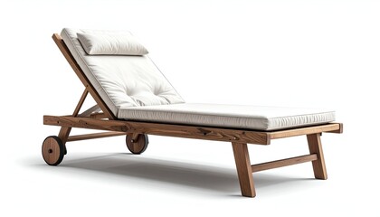 Wooden chaise lounge with wheels, cushions, and adjustable back, angled, white background