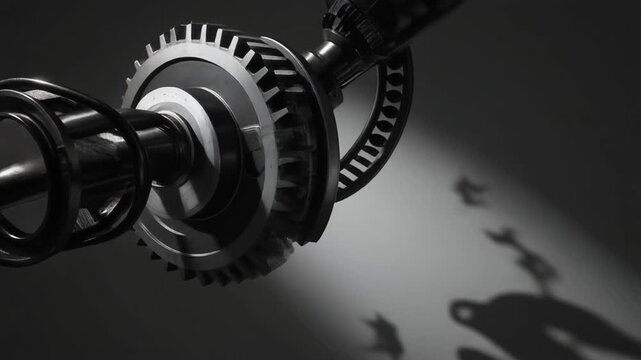 Industrial machinery gears in motion with dramatic lighting.