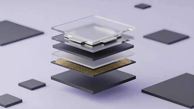 Exploded view of semiconductor chip layers, technology structure, and components.