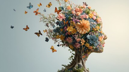 A human face made of flowers and green plants shows the connection between nature and humanity. Butterflies fly around the colorful arrangement in this artistic scene.
