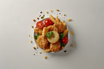 Healthy fried food abstract composition, clean white background