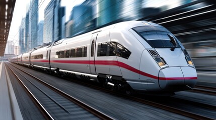 Obraz premium A high speed train moves swiftly along railway tracks in a city. Skyscrapers and buildings blur in the background as the train passes during evening.