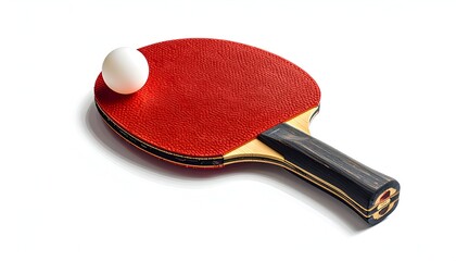 A ping pong paddle rests with a ball on its red rubber surface against white