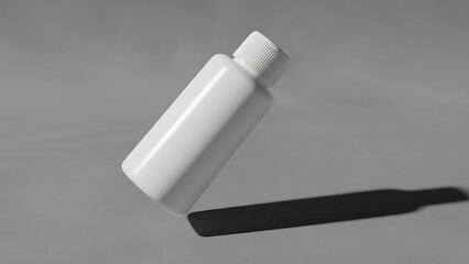 White plastic cosmetic bottle with screw on cap floating in mid air