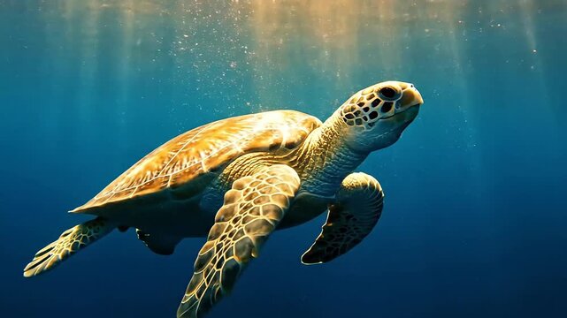 Sea turtle swimming underwater with sunlight rays and blue ocean background