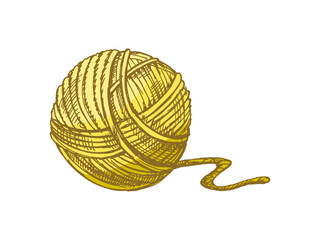 Hand drawn vintage sketch of yellow yarn ball with string, cozy knitting style, isolated vector illustration