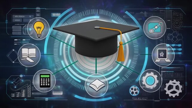 Futuristic digital education graphic with graduation cap and connected icons on tech interface background