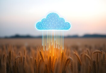An illustration of a rain cloud hovers over a wheat field at sunset with digital rain and golden light on the wheat.