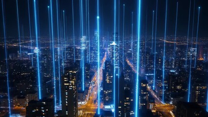 Nighttime cityscape with vertical blue light beams symbolizing digital connectivity and smart infrastructure - Powered by Adobe