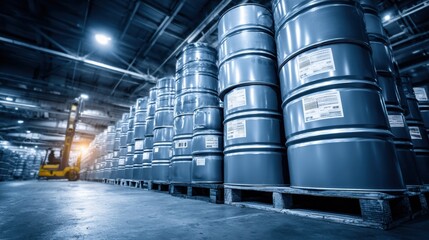 Obraz premium Warehouse Environment With Stacked Oil Barrels and Forklift Shadows Displaying a Logistics Hub for Global Trade