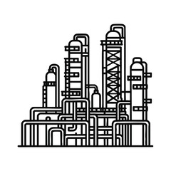Obraz premium Industrial refinery or chemical plant line art icon. Outline vector illustration of a factory for oil and gas production, energy, and manufacturing.