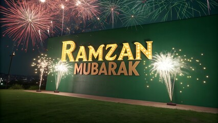 Vibrant Ramzan Mubarak celebration with fireworks at night