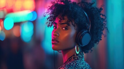A woman is standing in an urban area at night. She has curly hair and is wearing headphones. Bright lights surround her creating a colorful atmosphere.