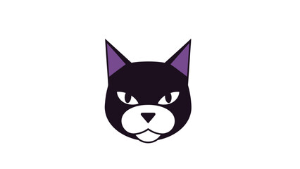 Fototapeta premium Black cat face with purple ears and a stern expression, isolated.