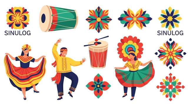 Colorful Sinulog Festival Elements Dancers, Drums, and Decorative Floral Designs