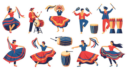 Colorful illustrations of traditional dancers and musicians in vibrant costumes, perfect for design needs