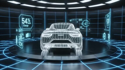 Futuristic electric car display with digital interface and charging stats - Powered by Adobe