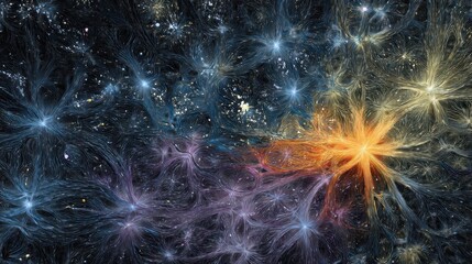 Fototapeta premium Bright colors and swirling patterns create a cosmic scene showing stars and energy flowing in various directions. The setting looks like a deep space environment filled with light.