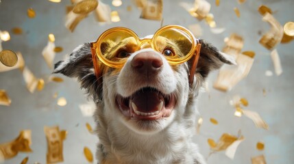 A dog is smiling with yellow glasses as coins and confetti fall around it. The setting looks festive with bright colors and a light background. The dog seems happy and playful.