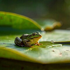 Green frog perched on a lily pad with dappled sunlight creating a serene and natural scene