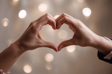 Close-up of Hands in Suits Making Heart Symbol against Golden Bokeh Background
