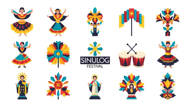 Sinulog Festival Icon Set Colorful illustrations of dancers, musical instruments, and religious figures
