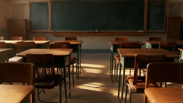 Morning light fills an empty classroom with desks arranged neatly in school building
