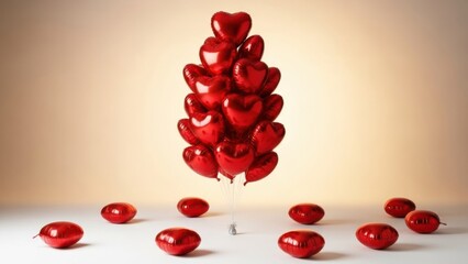 Vibrant red heart balloons floating with scattered shiny orbs
